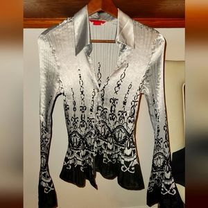 VINTAGE Satin Silver and Black Botantical Patterned Blouse